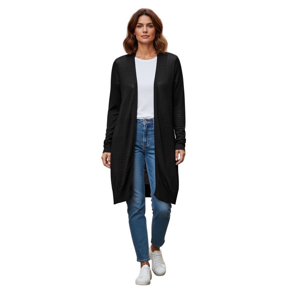 Eileen Fisher Black Open Front Longline Cardigan Textured Knit Sweater